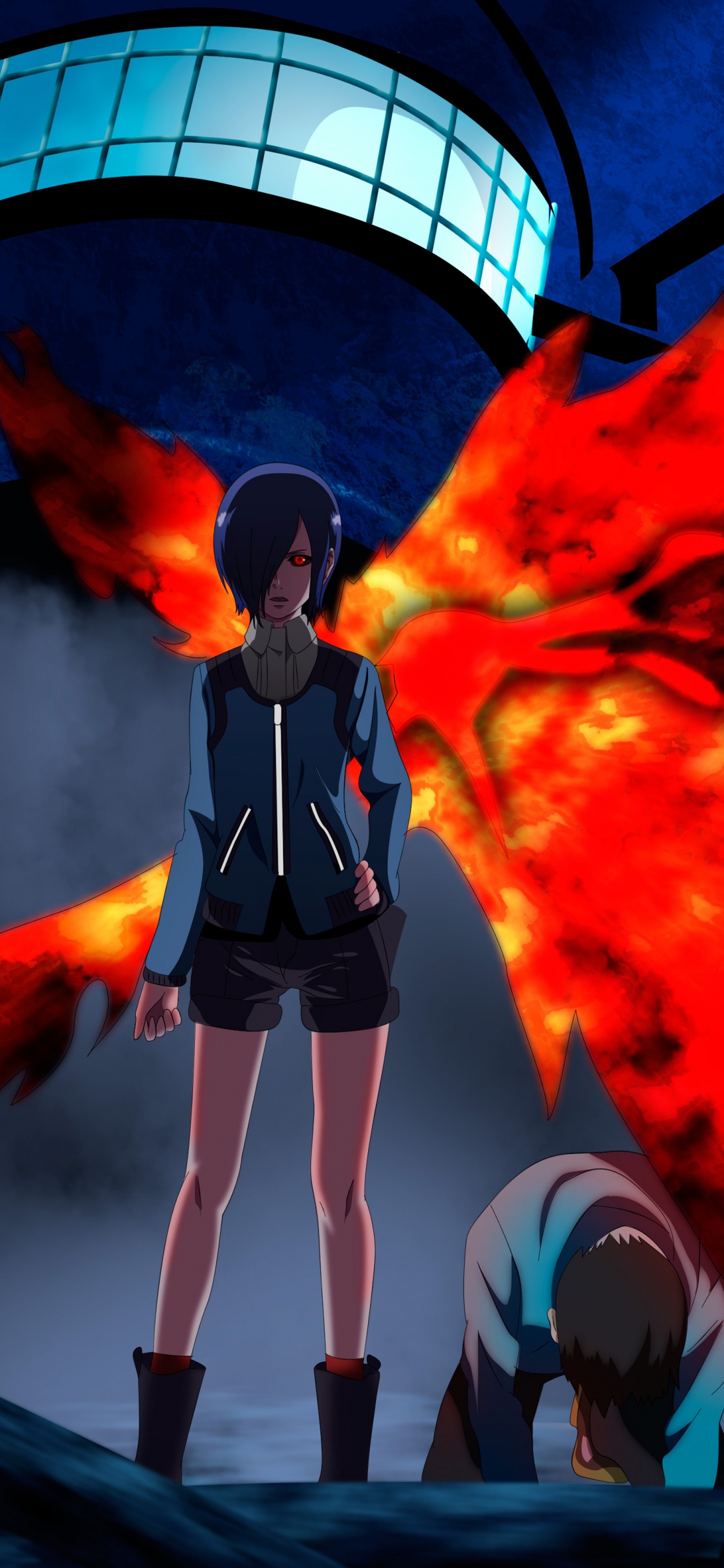 Woman in Black and White Long Sleeve Shirt Standing Near Red Fire. Wallpaper in 1125x2436 Resolution