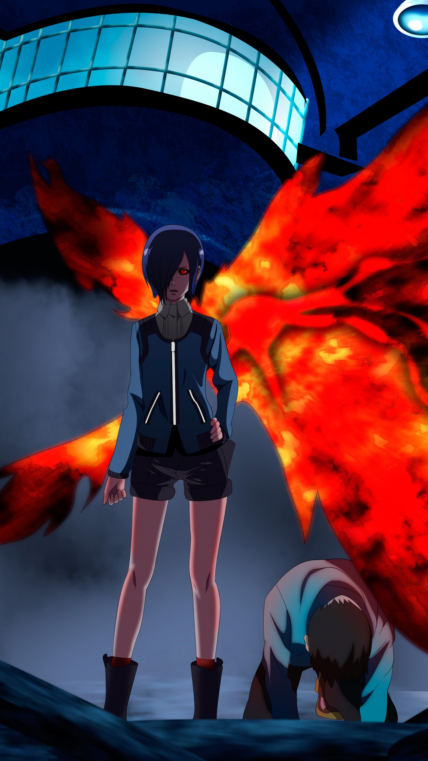 Woman in Black and White Long Sleeve Shirt Standing Near Red Fire. Wallpaper in 1440x2560 Resolution