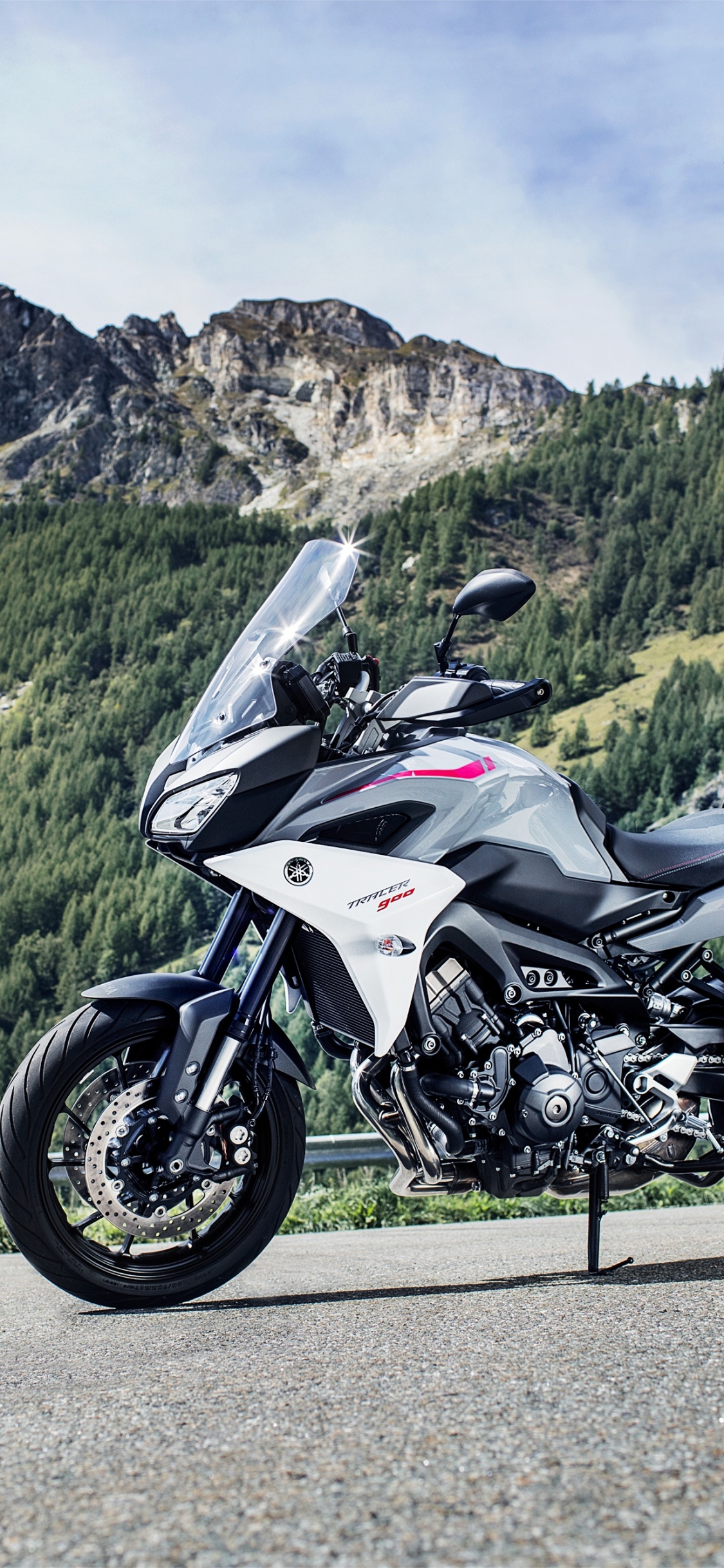 Bicicleta Deportiva Blanca y Negra Estacionada en el Campo de Hierba Verde Cerca de Las Montañas Verdes Durante el Día. Wallpaper in 1125x2436 Resolution