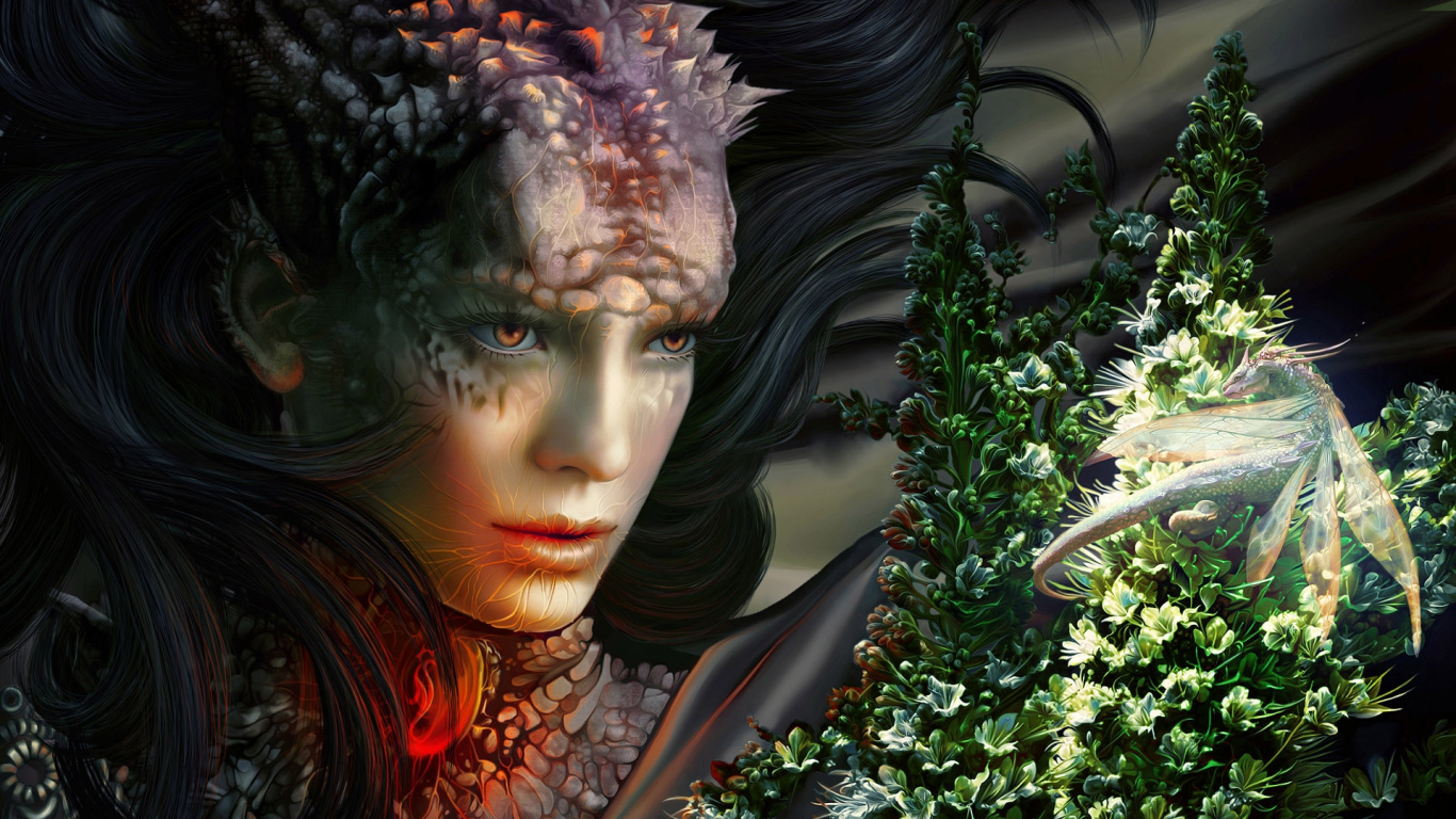 龙, 特效, 女孩, Cg的艺术品, 视线 壁纸 1366x768 允许