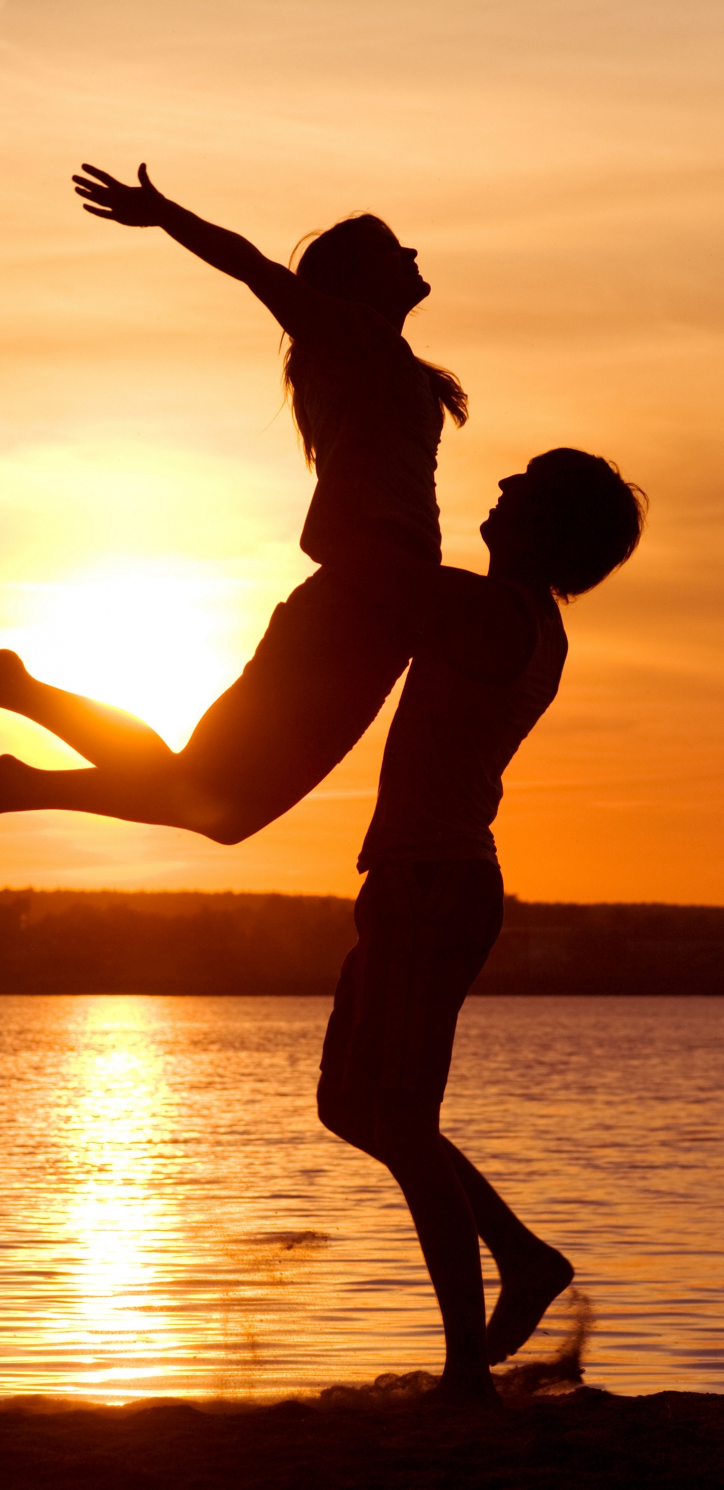 Romance, Water, Sunset, Fun, Jumping. Wallpaper in 1440x2960 Resolution