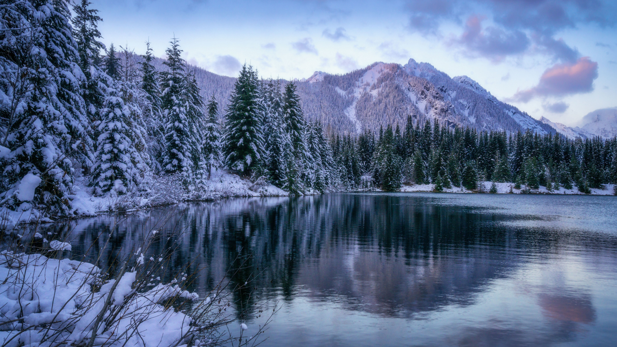 Winter Washington Cascade Mountains, North Cascades, Mount Rainier, Diablo Lake, Mount Shuksan. Wallpaper in 2560x1440 Resolution