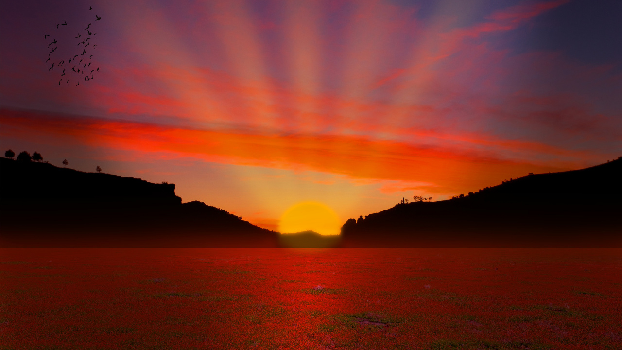 Plan D'eau au Coucher du Soleil. Wallpaper in 1280x720 Resolution