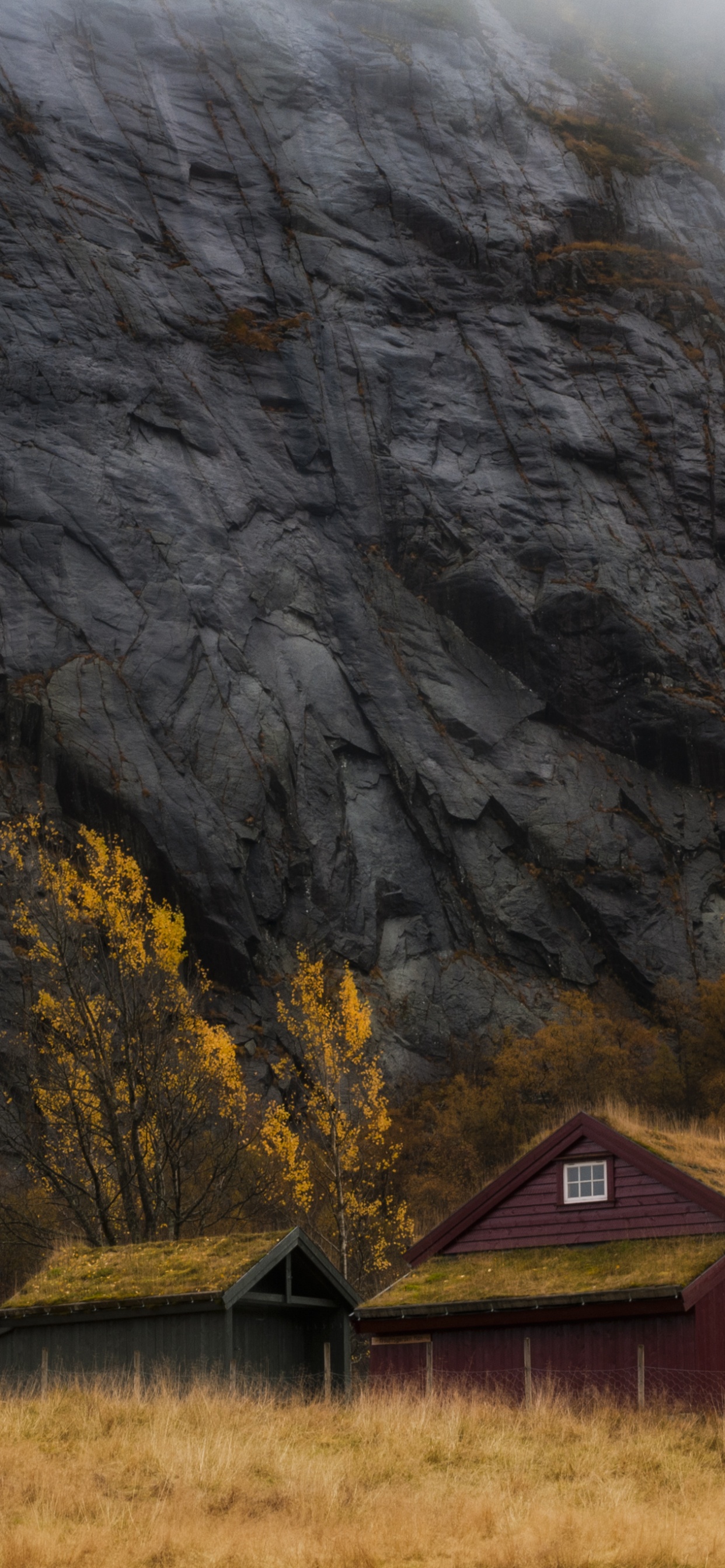 Braunes Holzhaus in Der Nähe Von Grauem Berg. Wallpaper in 1242x2688 Resolution