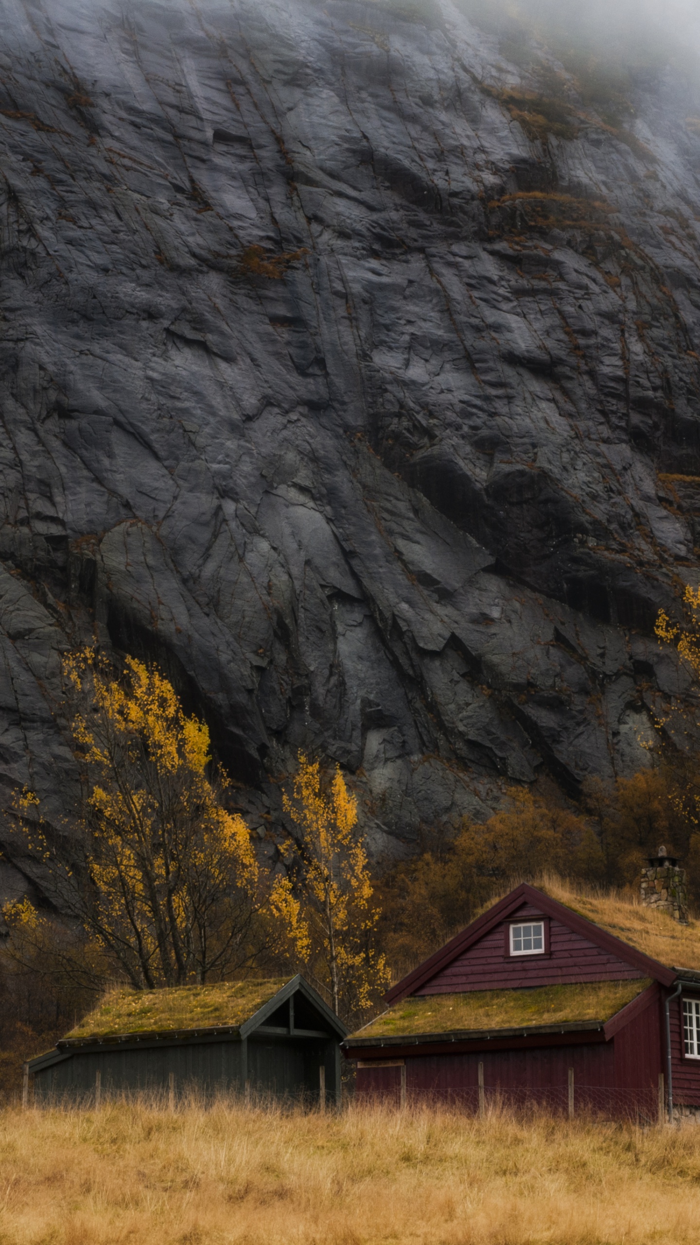 Brown Wooden House Near Gray Mountain. Wallpaper in 1440x2560 Resolution