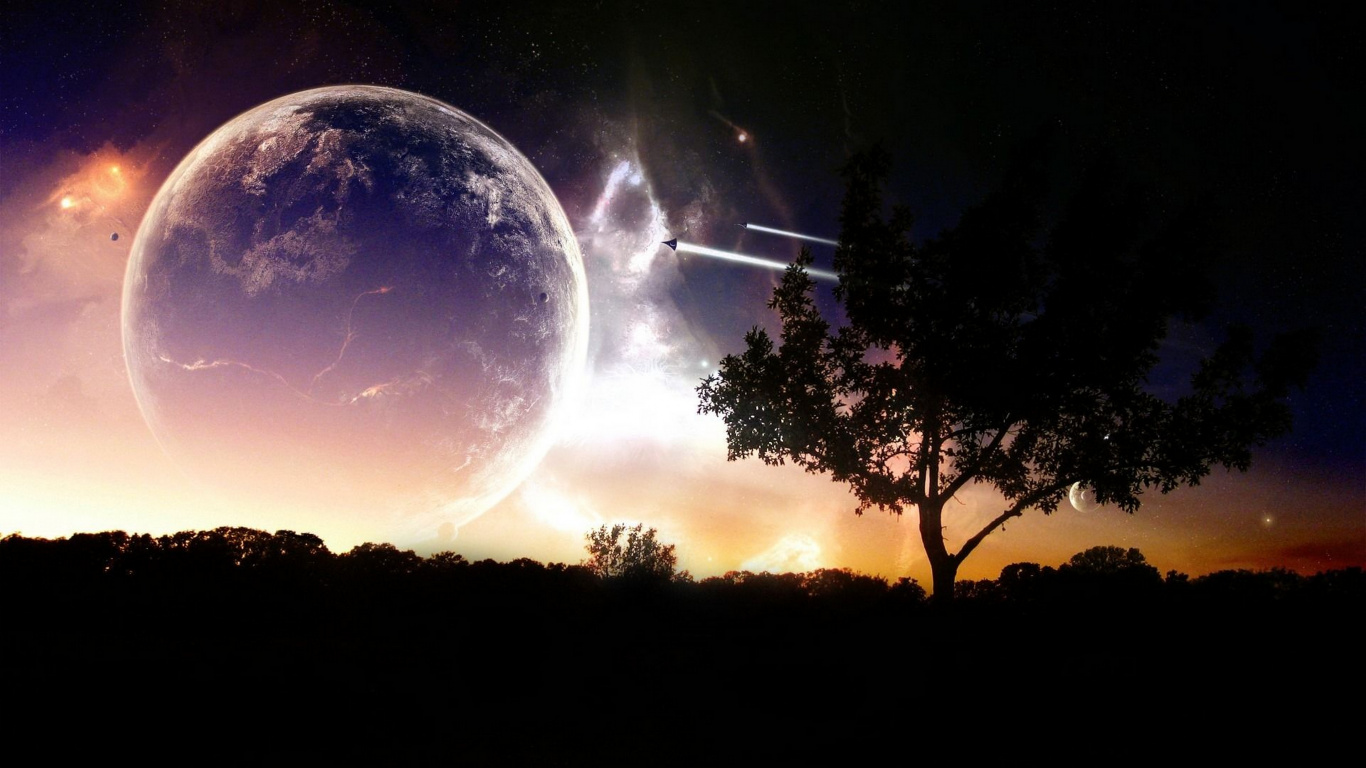 Silhouette of Trees Under Blue Sky With Moon. Wallpaper in 1366x768 Resolution