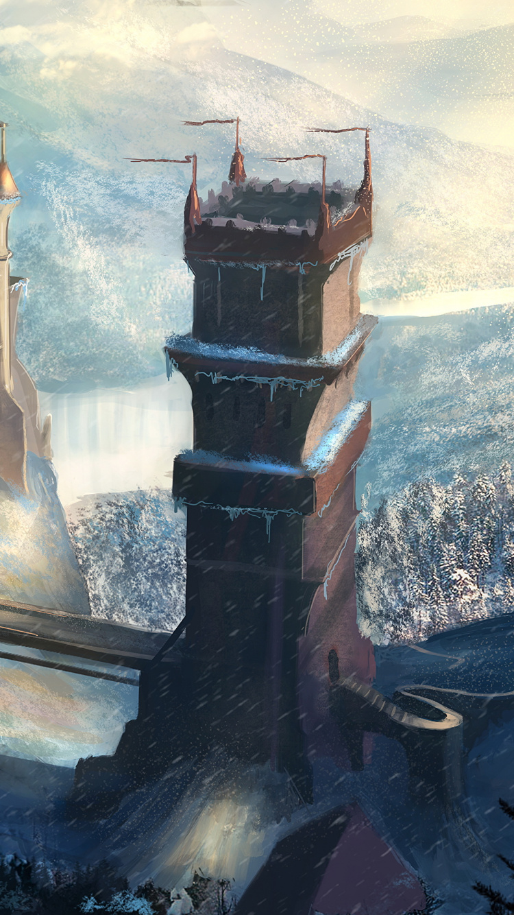 Brown and White Concrete Building Near Water Falls Painting. Wallpaper in 750x1334 Resolution