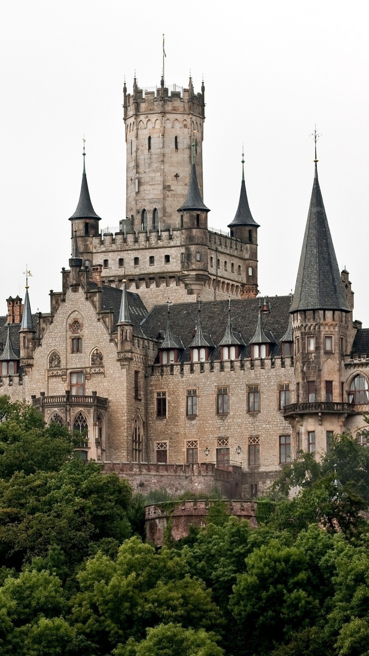 Braunes Und Graues Betonschloss, Tagsüber Von Grünen Bäumen Umgeben. Wallpaper in 720x1280 Resolution