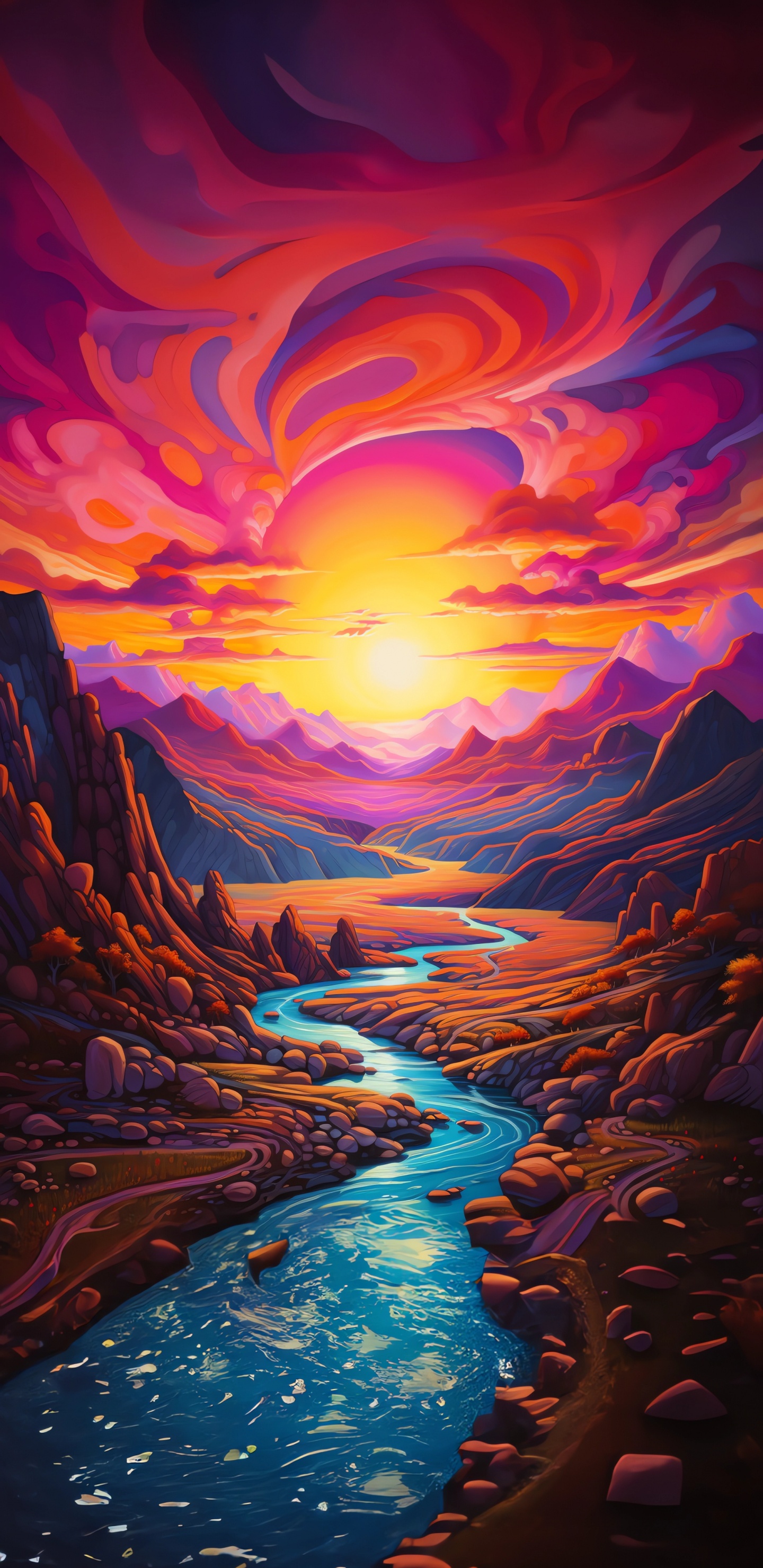 Afterglow, Malerei, Visual Arts, Acrylfarbe, Sonnenuntergang. Wallpaper in 1440x2960 Resolution