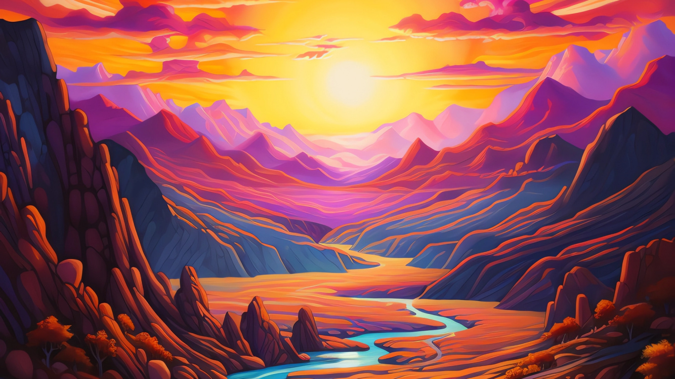 Afterglow, Painting, Visual Arts, Acrylic Paint, Sunset. Wallpaper in 1366x768 Resolution