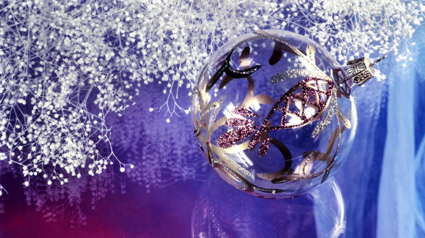 New Year, Purple, Christmas Decoration, Sphere, Greeting Card. Wallpaper in 1366x768 Resolution