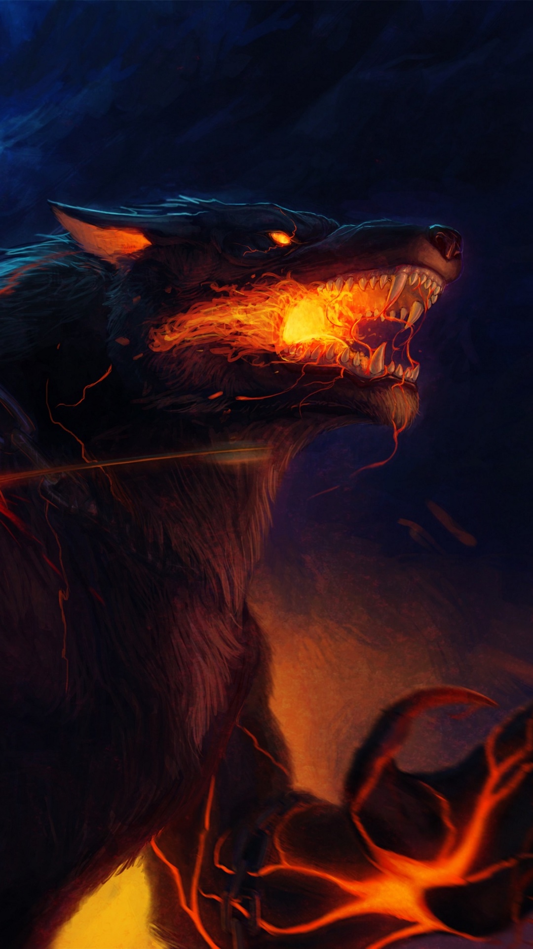 Schwarz-weißer Wolf Mit Blauen Und Orangefarbenen Lichtern. Wallpaper in 1080x1920 Resolution