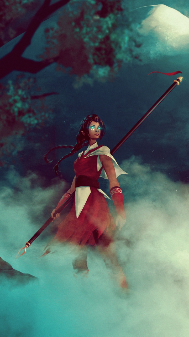 Frau in Rot-schwarzem Kleid Mit Rotem Und Weißem Stock Neben Weißem Und Rotem Hai. Wallpaper in 720x1280 Resolution