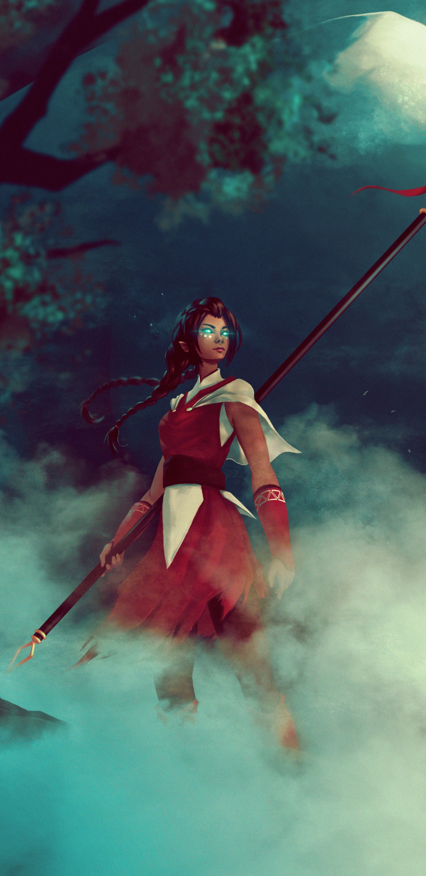 Femme en Robe Rouge et Noire Tenant un Bâton Rouge et Blanc à Côté du Requin Blanc et Rouge. Wallpaper in 1440x2960 Resolution