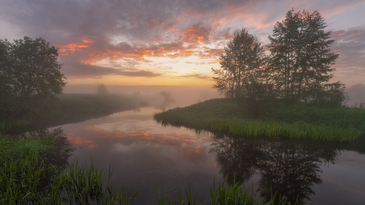 Grüne Wiese in Der Nähe Des Sees Während Des Sonnenuntergangs. Wallpaper in 1280x720 Resolution