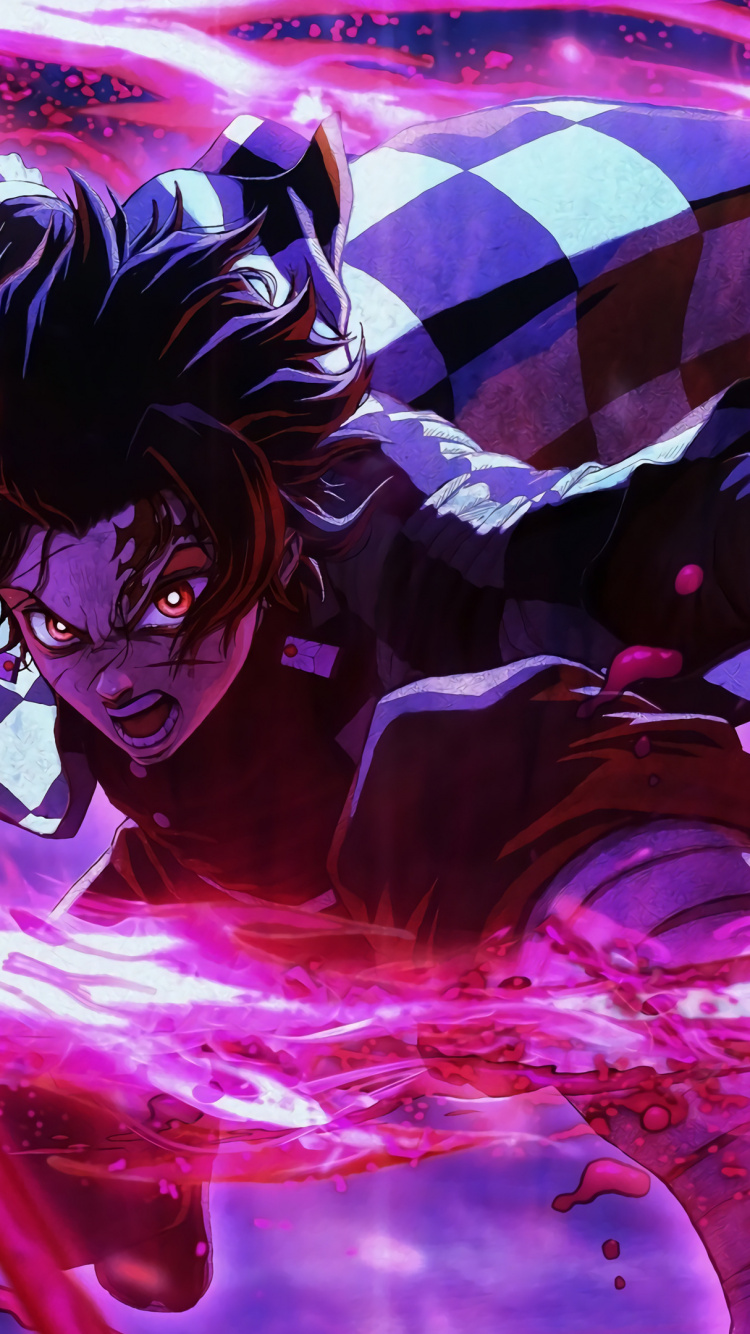 Tanjiro Kamado, Asesino de Demonios Kimetsu no Yaiba, Anime, Morado, Arte. Wallpaper in 750x1334 Resolution