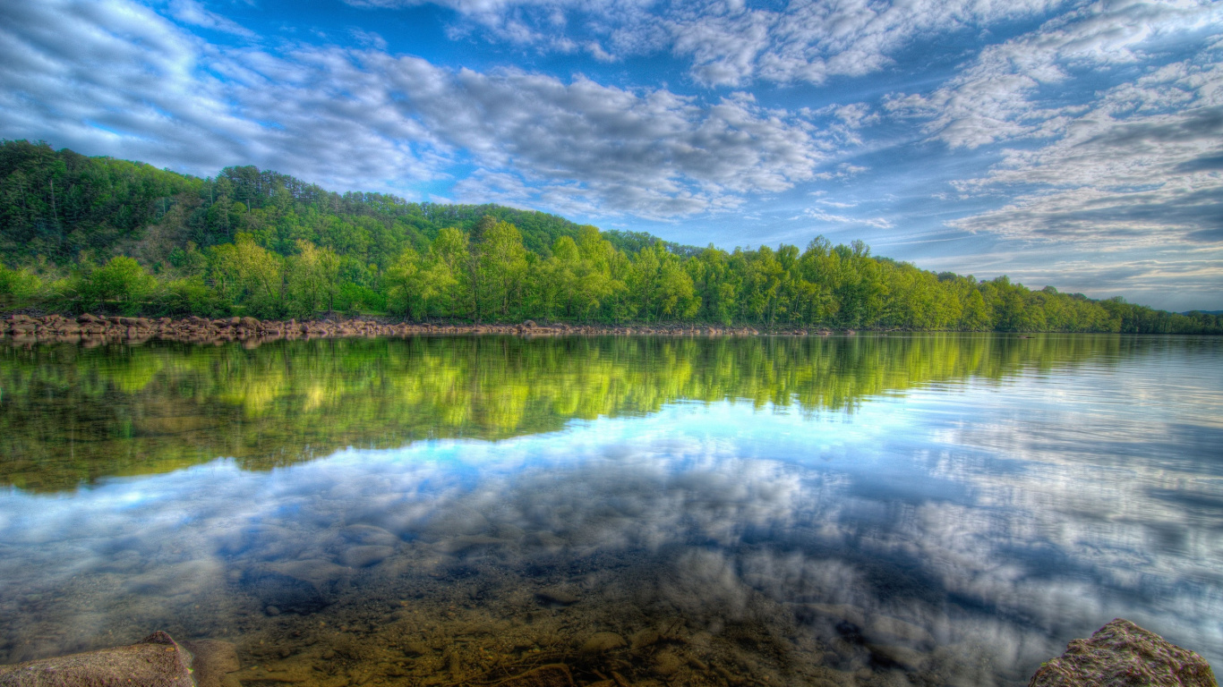Green Trees Beside Lake Under Blue Sky During Daytime. Wallpaper in 1366x768 Resolution