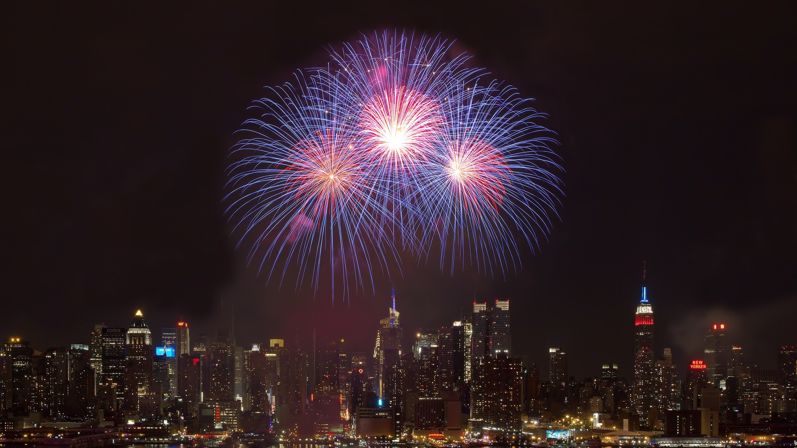 Feuerwerk Über Stadtgebäuden Während Der Nacht. Wallpaper in 2560x1440 Resolution