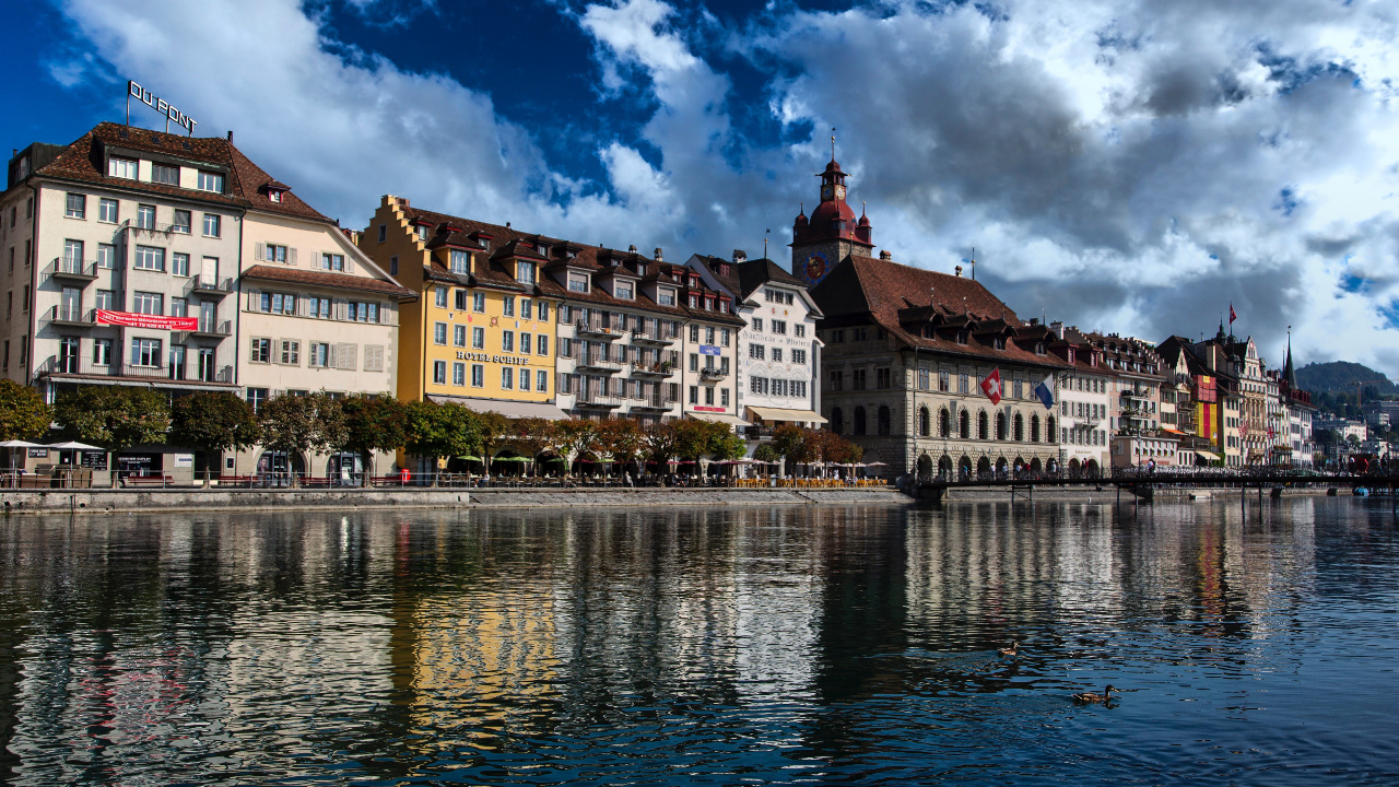 Lucerne, Reus, Rivière, Eau, Bâtiment. Wallpaper in 1280x720 Resolution