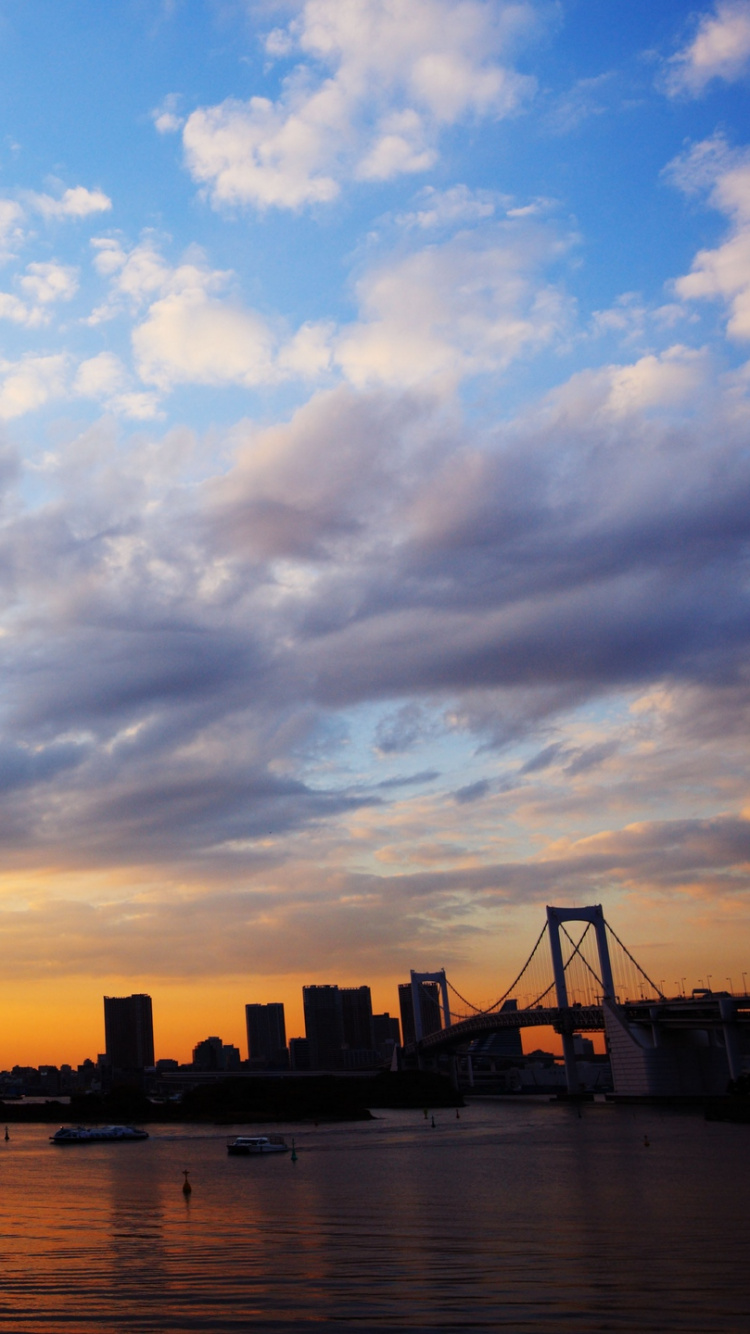 Silhouette of City Buildings Near Body of Water During Sunset. Wallpaper in 750x1334 Resolution