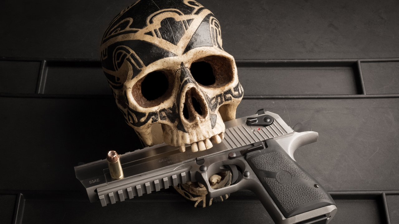 枪, 枪支, 头骨, 左轮手枪, 骨 壁纸 1280x720 允许