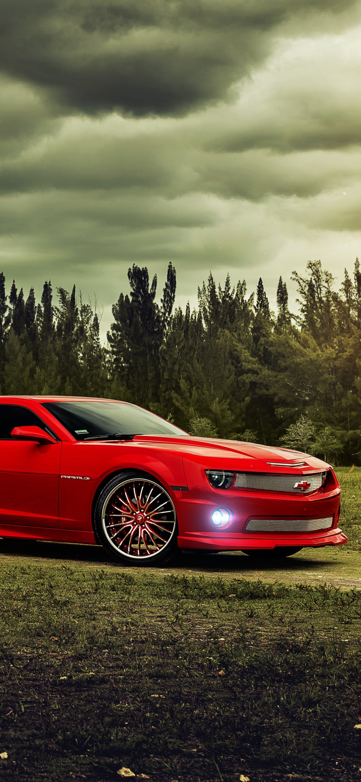 Red Coupe on Green Grass Field Under Cloudy Sky During Daytime. Wallpaper in 1242x2688 Resolution