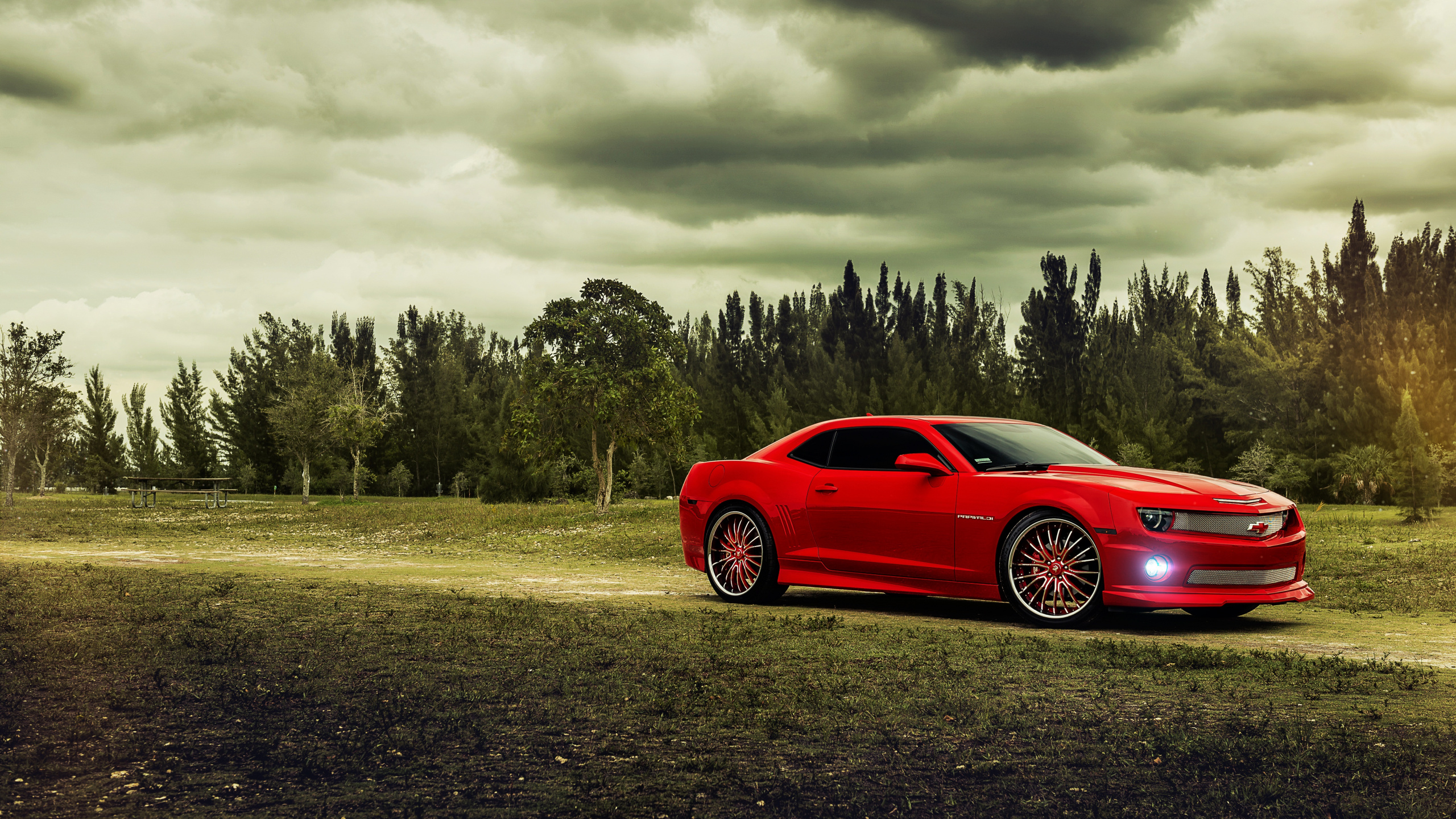 Red Coupe on Green Grass Field Under Cloudy Sky During Daytime. Wallpaper in 2560x1440 Resolution