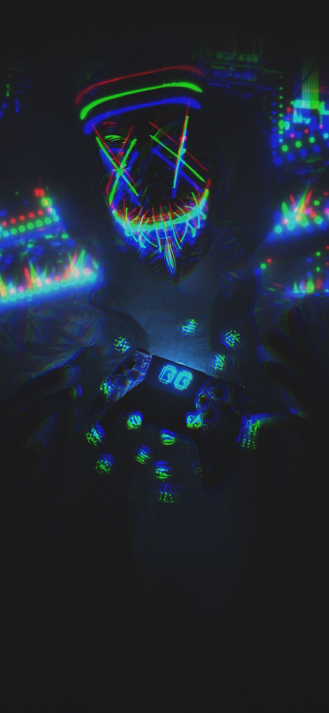 Mask, Mask Neon, Light, Entertainment, Visual Effect Lighting. Wallpaper in 1125x2436 Resolution