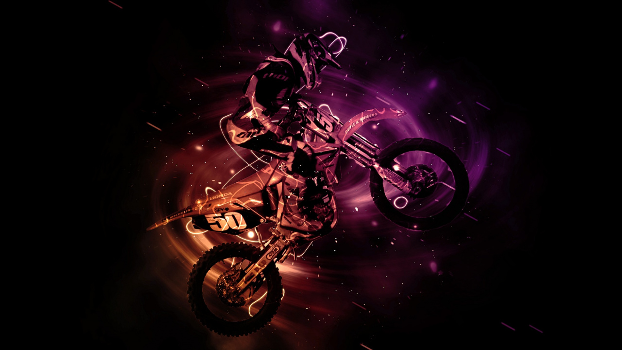 Man Riding Motorcycle With Purple and Pink Lights. Wallpaper in 1280x720 Resolution