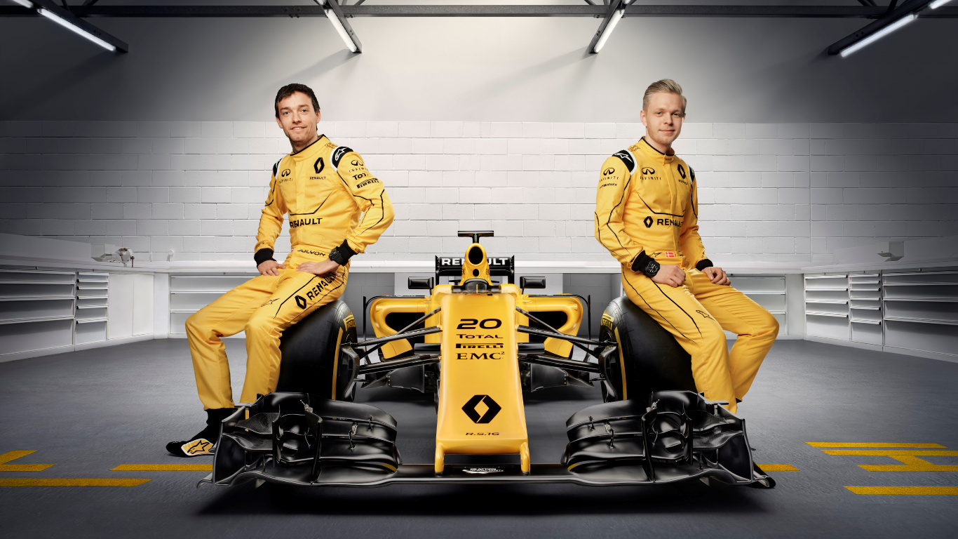 2 Men in Yellow Uniform Riding on Black and Yellow go Kart. Wallpaper in 1366x768 Resolution