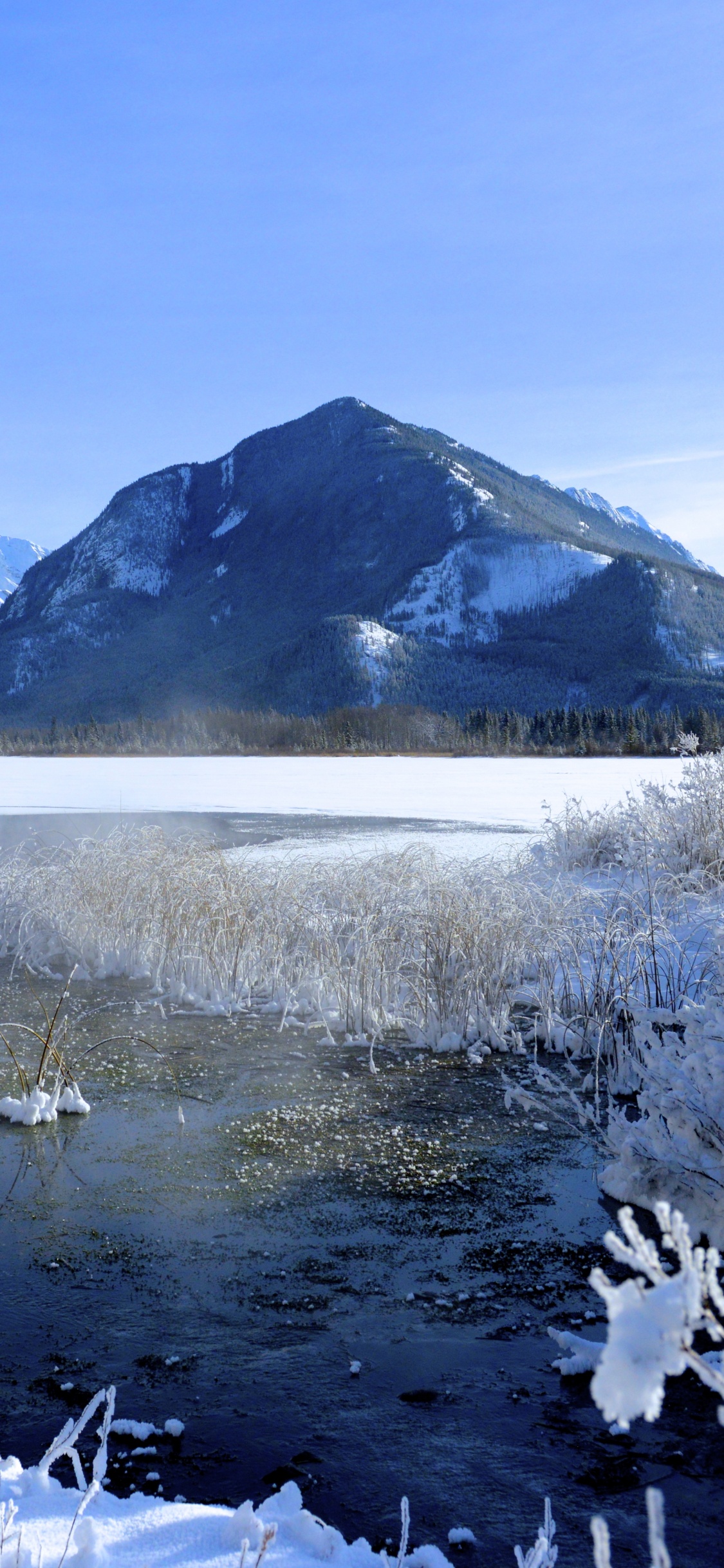 Montaña Cubierta de Nieve Cerca Del Lago Bajo un Cielo Azul Durante el Día. Wallpaper in 1125x2436 Resolution