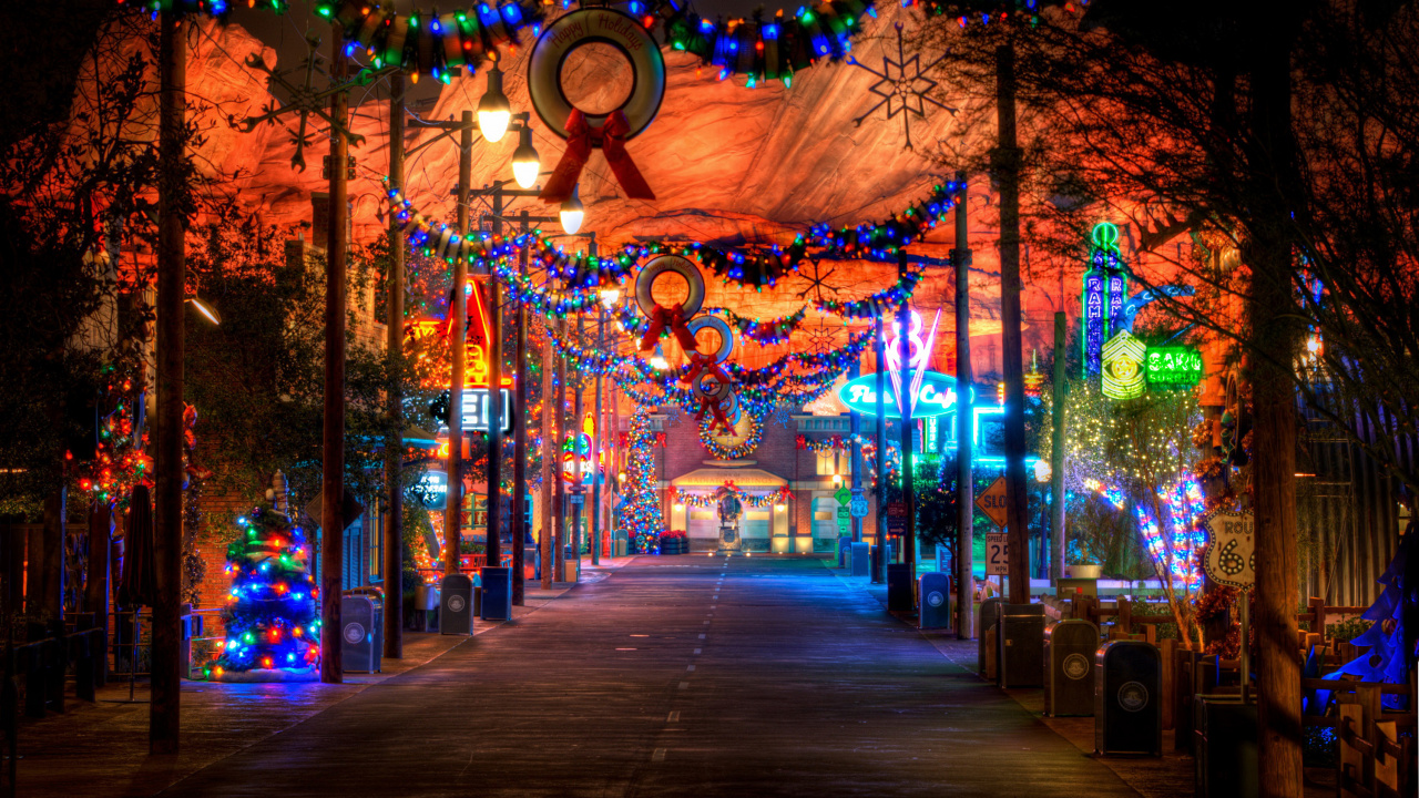 The Walt Disney Company, Licht, Nacht, Weihnachtsbeleuchtung, Baum. Wallpaper in 1280x720 Resolution