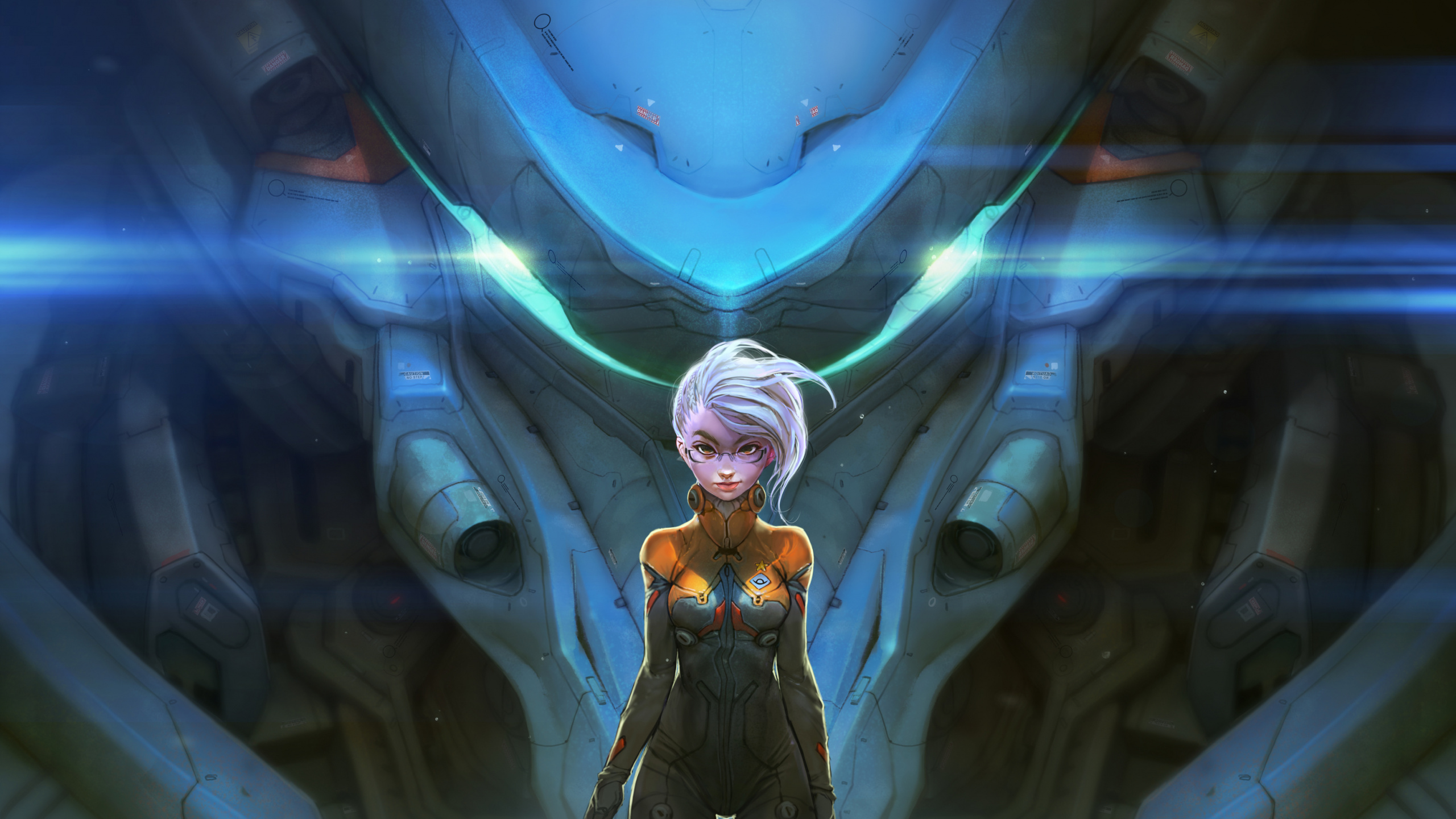 Frau in Schwarz-weißem Kleid Steht Auf Blauem Und Weißem Hintergrund. Wallpaper in 2560x1440 Resolution