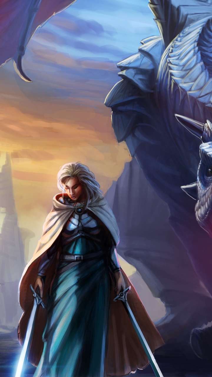 Mujer en Vestido Azul y Blanco Sosteniendo un Dragón Blanco y Negro. Wallpaper in 720x1280 Resolution