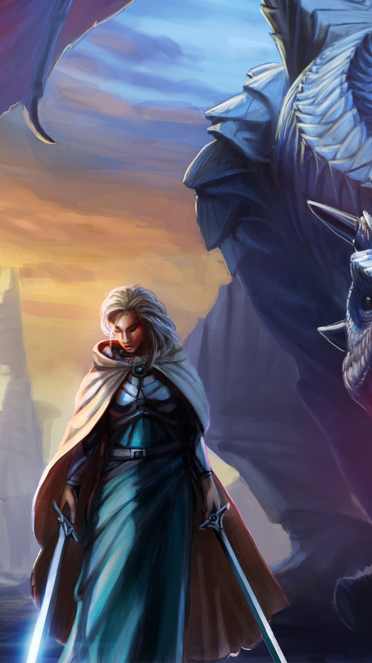 Mujer en Vestido Azul y Blanco Sosteniendo un Dragón Blanco y Negro. Wallpaper in 750x1334 Resolution