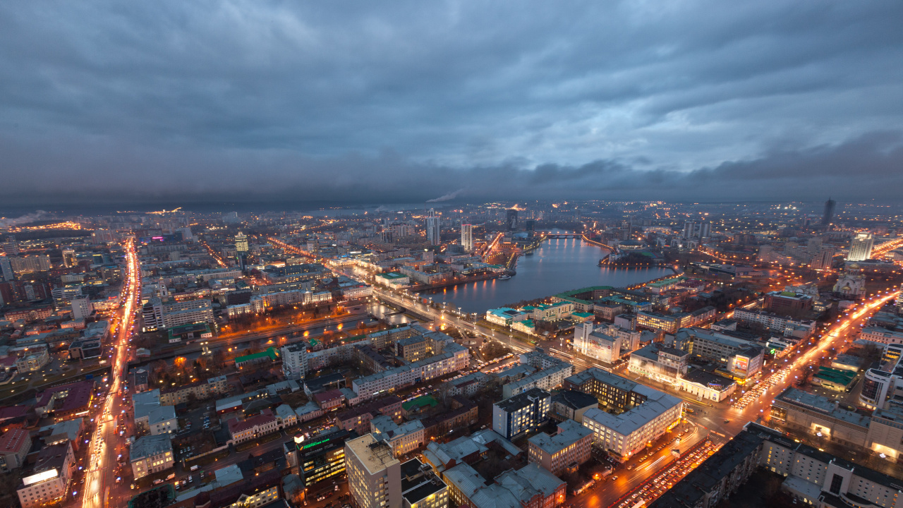 Aerial View of City Buildings During Night Time. Wallpaper in 1280x720 Resolution