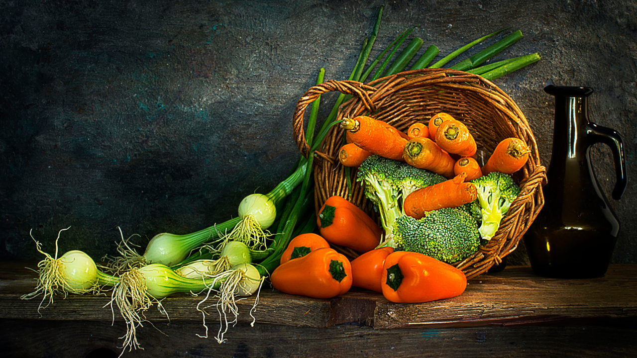Orange Carrots and Green Chili on Brown Wooden Table. Wallpaper in 1280x720 Resolution