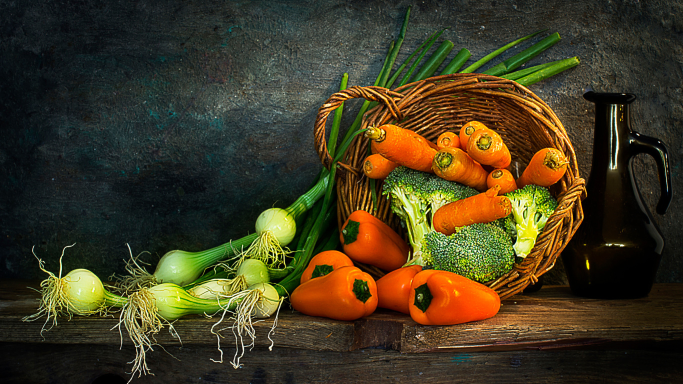 Orange Carrots and Green Chili on Brown Wooden Table. Wallpaper in 1366x768 Resolution