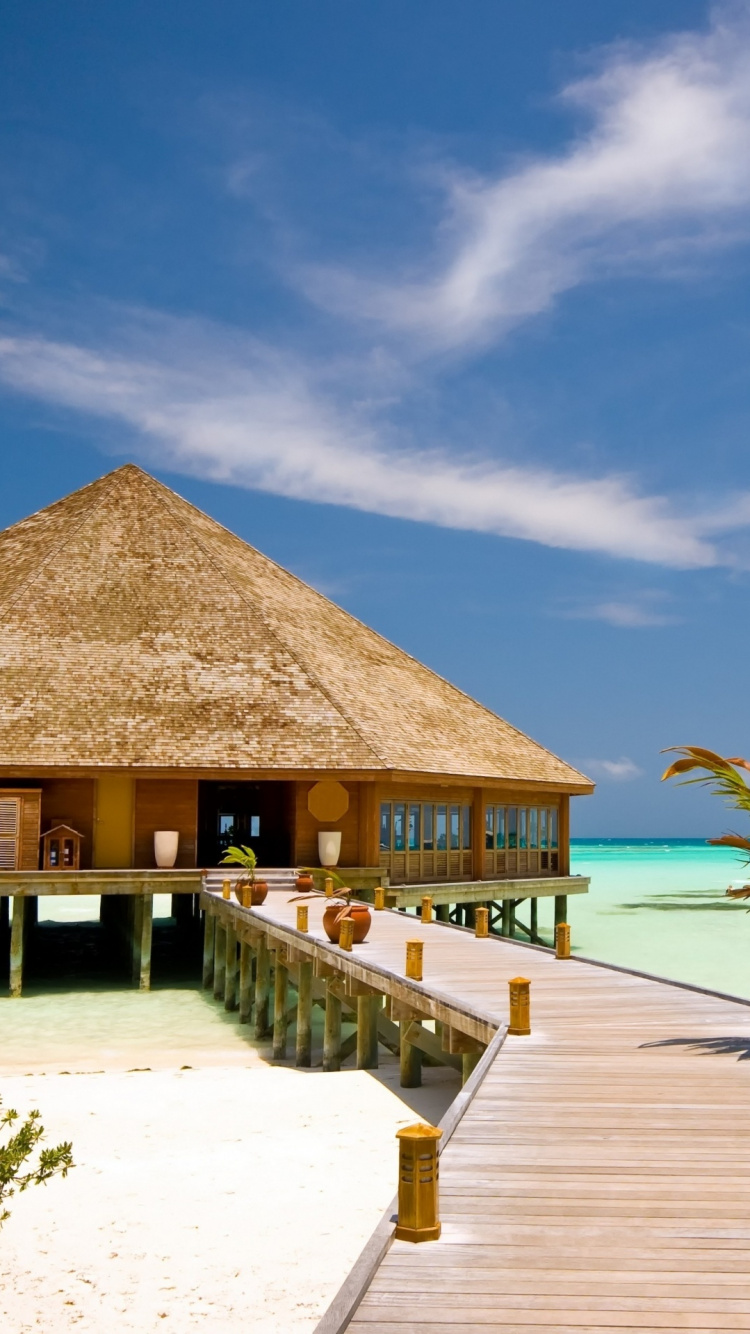 Maison de Plage en Bois Marron Près de la Plage Pendant la Journée. Wallpaper in 750x1334 Resolution