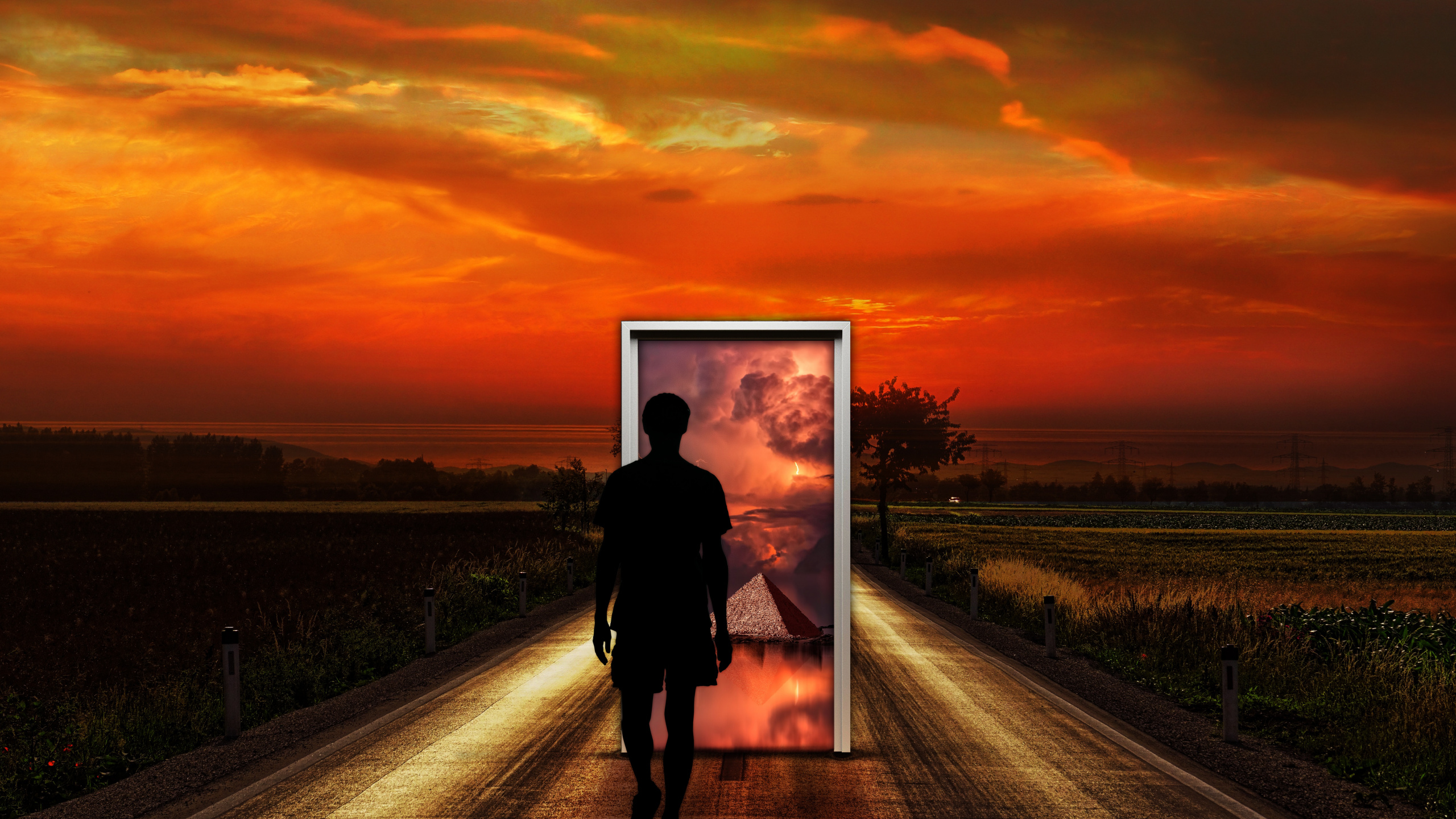 Surrealism, Sunset, People in Nature, Natural Landscape, Horizon. Wallpaper in 2560x1440 Resolution