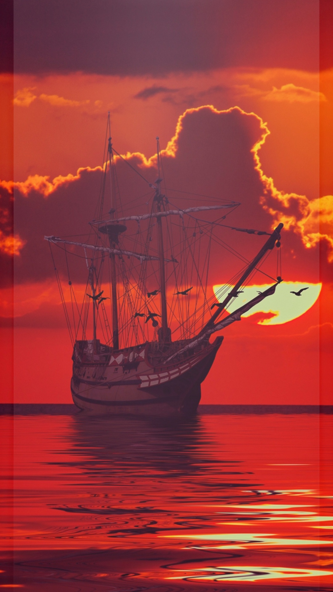 Ship at Sea at Red Sunrise, Ship, Sailing Ship, Water, Cloud. Wallpaper in 1080x1920 Resolution