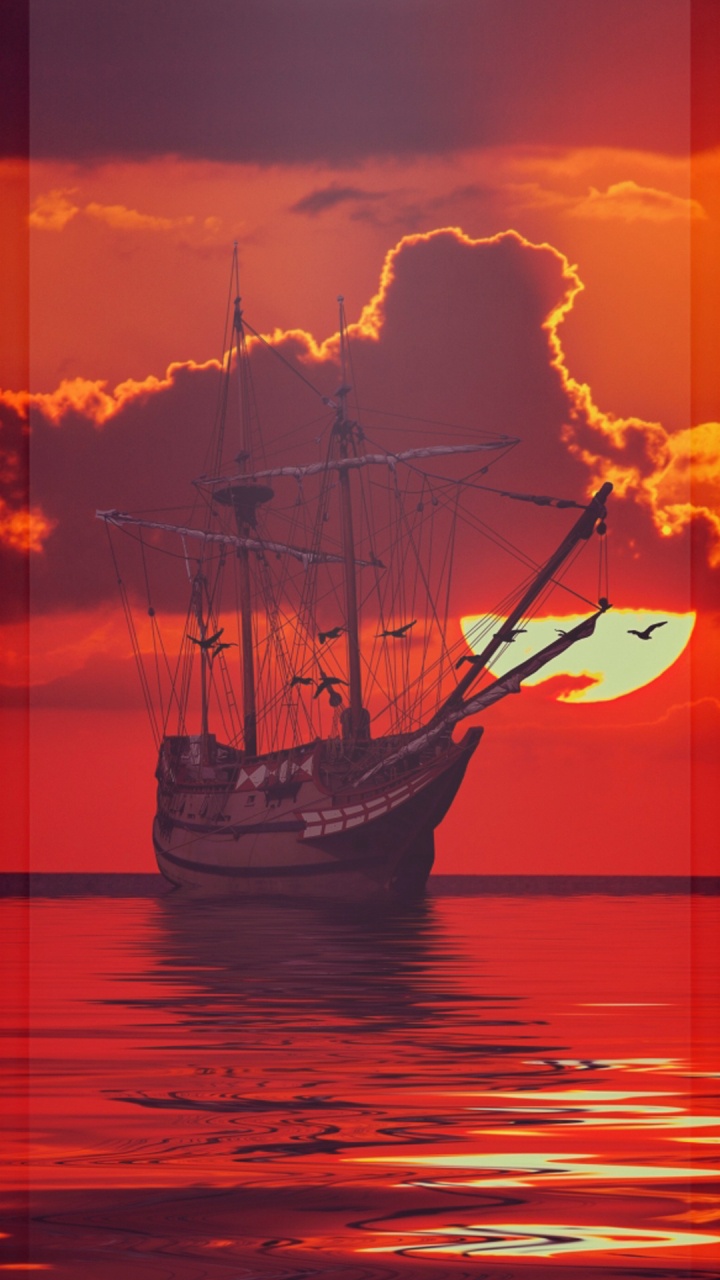 Ship at Sea at Red Sunrise, Ship, Sailing Ship, Water, Cloud. Wallpaper in 720x1280 Resolution