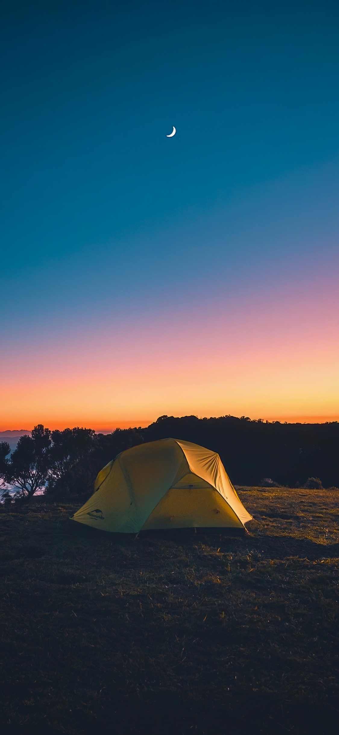 Atmosphere, Light, Moon, Tent, Dusk. Wallpaper in 1125x2436 Resolution