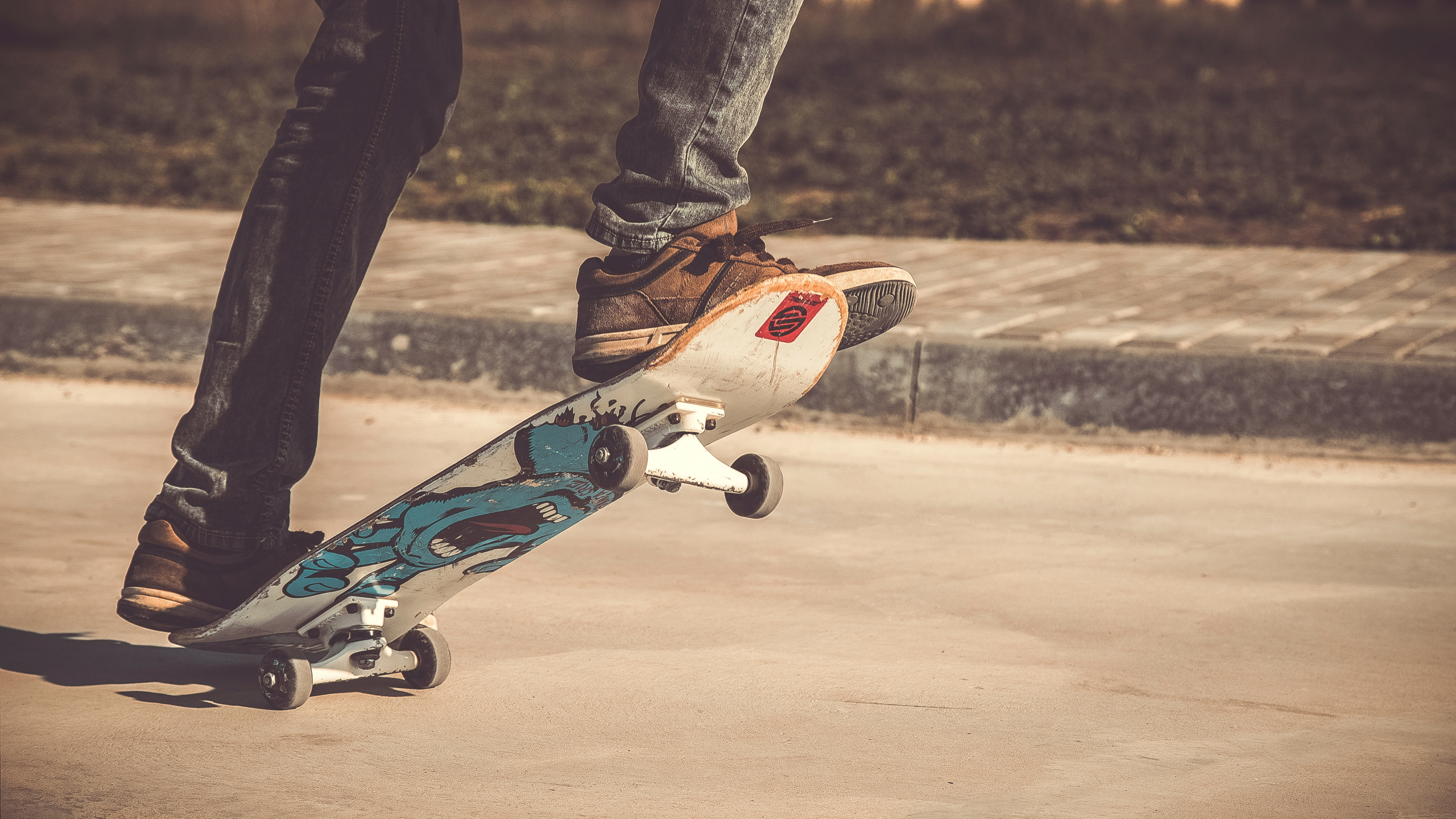 Person in Black Pants and Blue and White Skateboard. Wallpaper in 2560x1440 Resolution