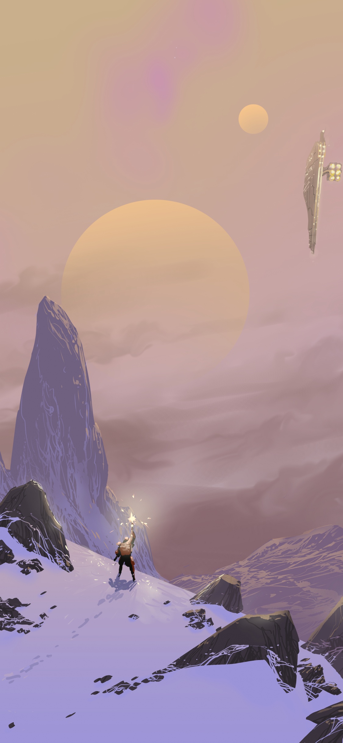 Persona en Chaqueta Blanca de Pie Sobre la Montaña Cubierta de Nieve Durante el Día. Wallpaper in 1125x2436 Resolution