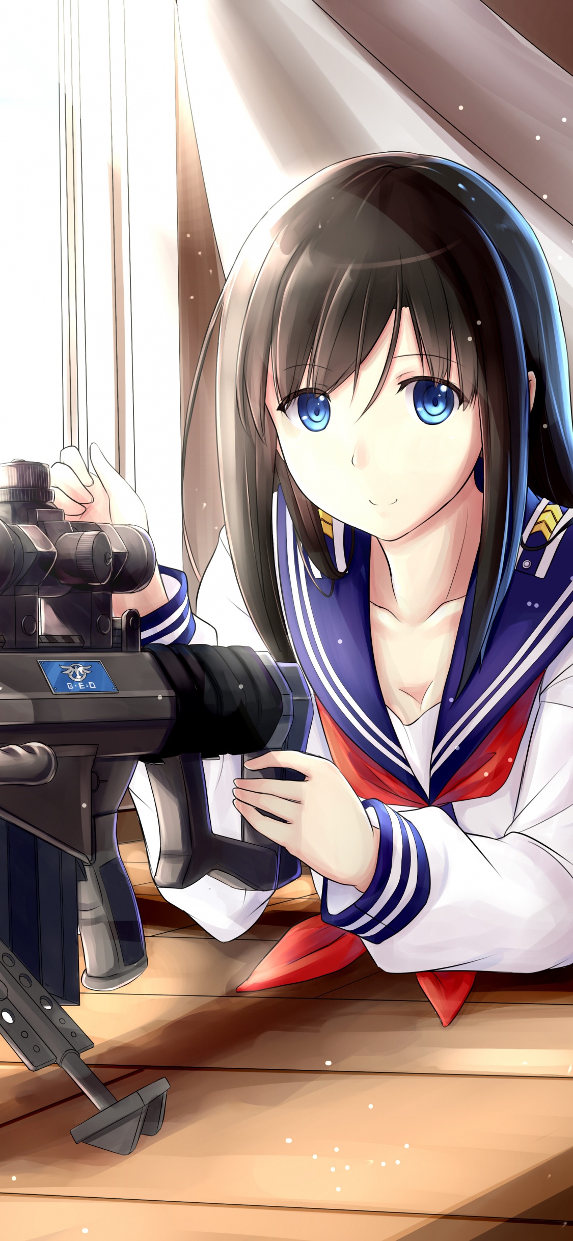 Woman in White and Blue Jacket Holding Black Rifle. Wallpaper in 1125x2436 Resolution