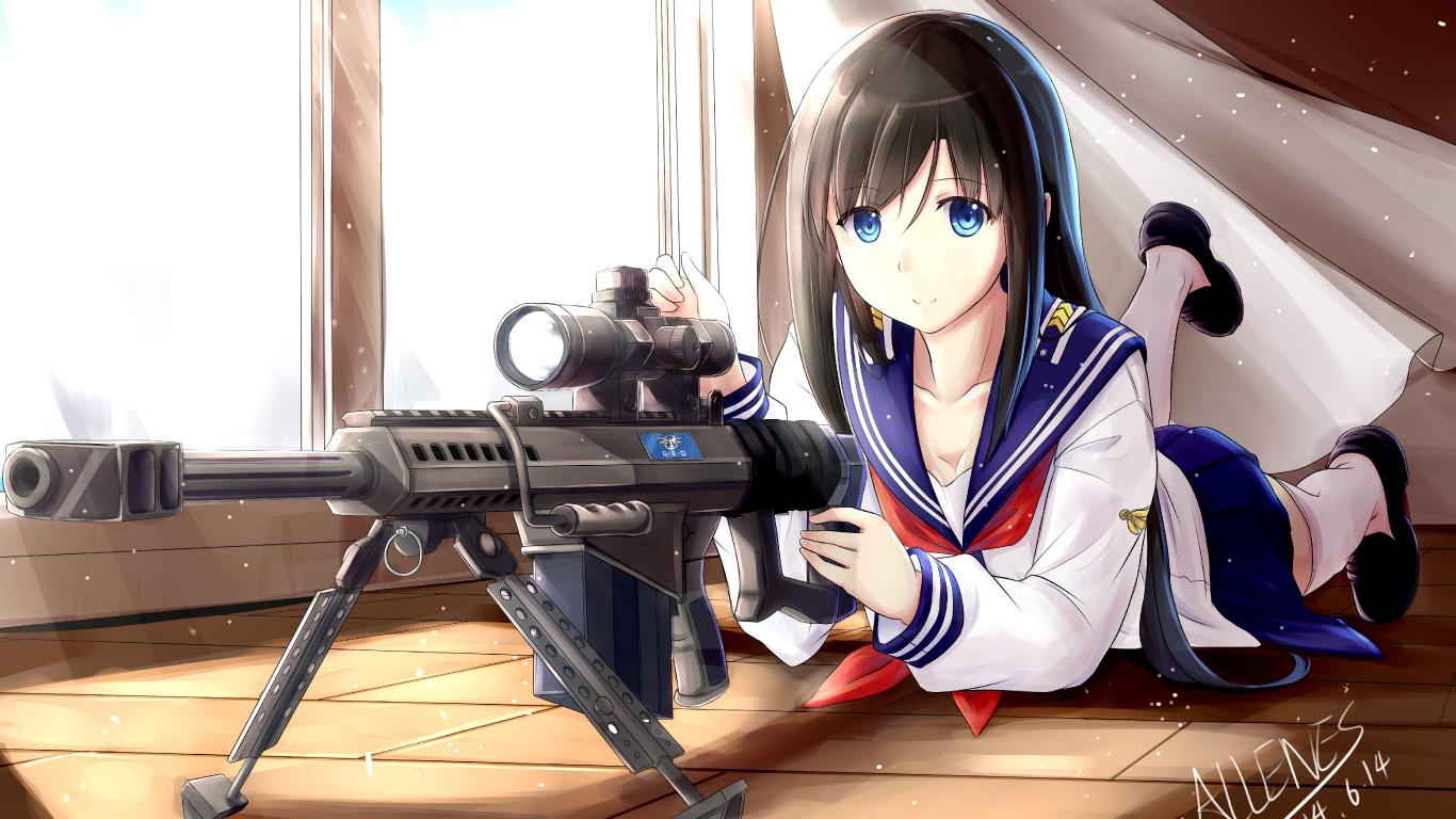Woman in White and Blue Jacket Holding Black Rifle. Wallpaper in 1366x768 Resolution