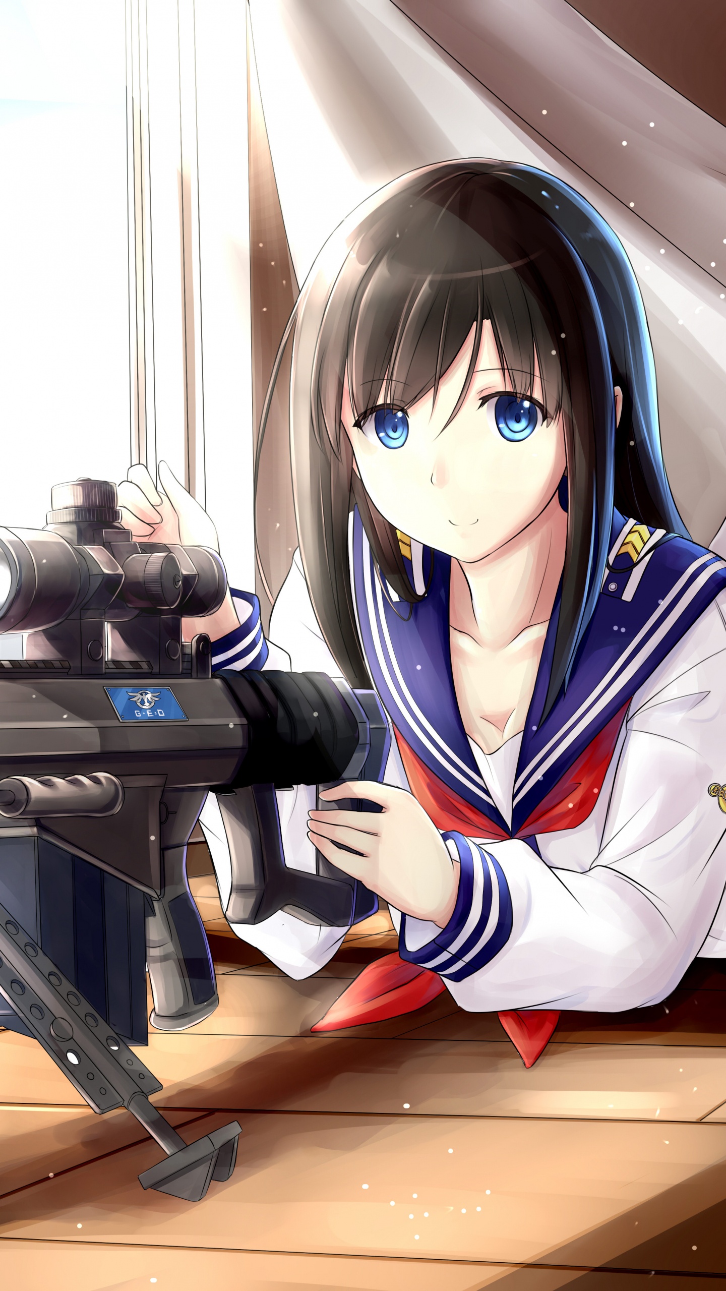 Woman in White and Blue Jacket Holding Black Rifle. Wallpaper in 1440x2560 Resolution