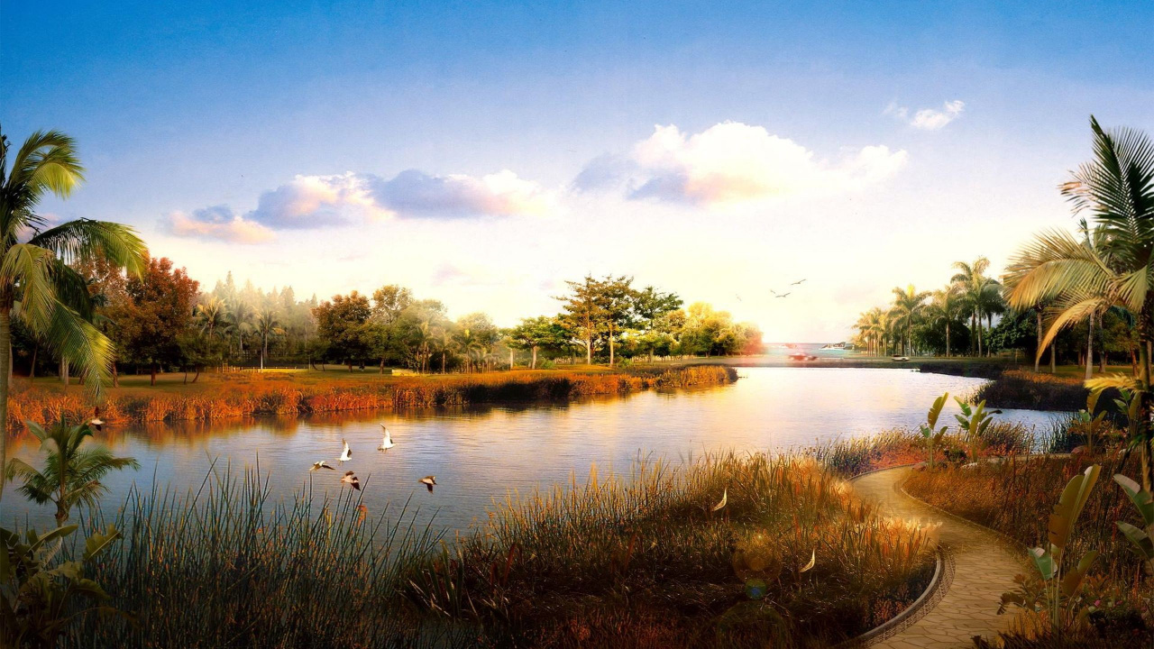 Green Grass Near Lake Under Blue Sky During Daytime. Wallpaper in 1280x720 Resolution