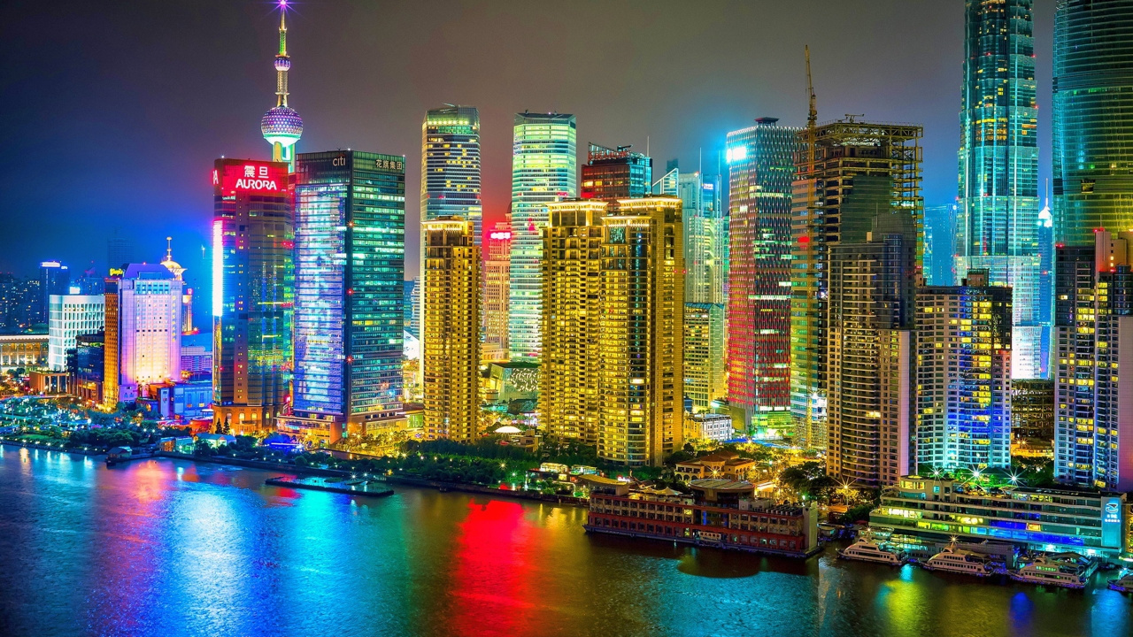 Skyline Der Stadt Bei Nacht Night. Wallpaper in 1280x720 Resolution